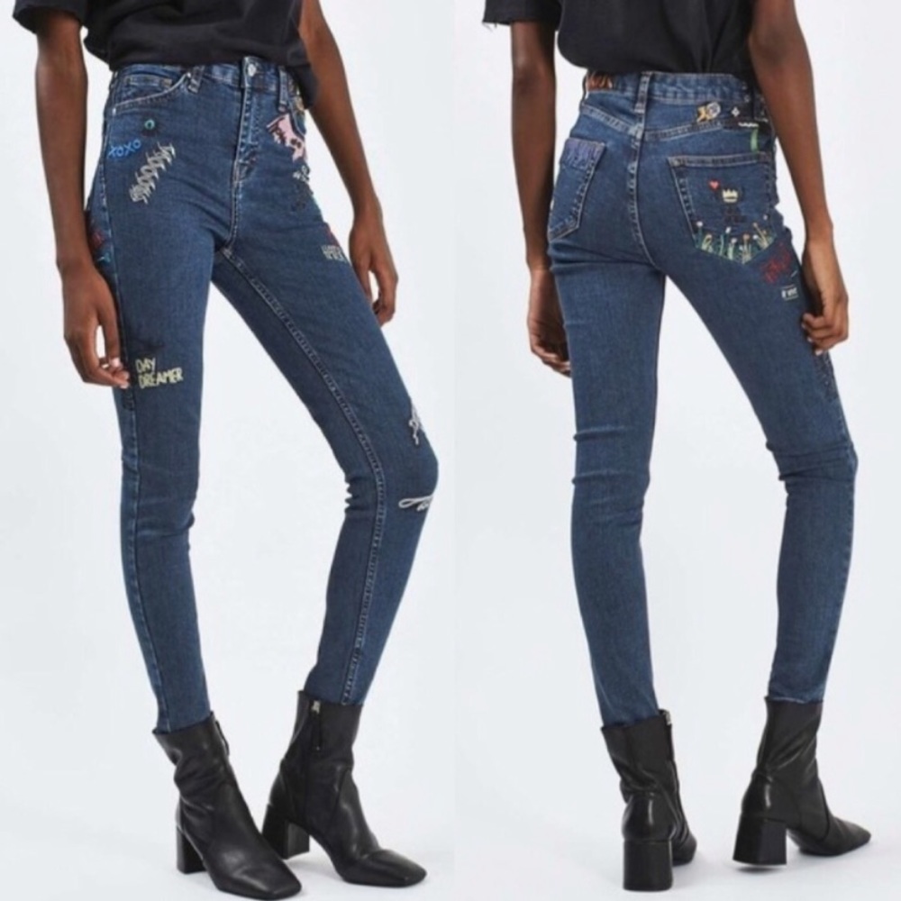 Topshop Moto Jamie Embroidered Scribble Jeans